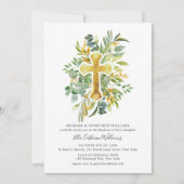 Invitation Verdure Botanique Florale Croix d'or Baptême (Devant)