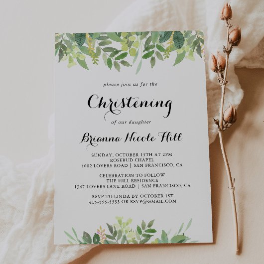 Invitation Verdure Botanique Foliage Calligraphie Christening
