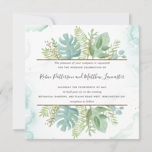 Invitation Verdure botanique, Mariage d'aquarelle bleu vert (Devant)