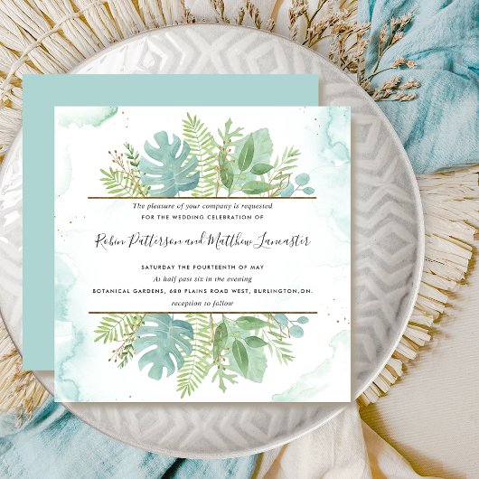 Invitation Verdure botanique, Mariage d'aquarelle bleu vert