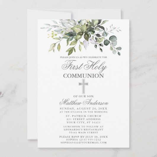 Invitation Verdure botanique Première communion Argent (Devant)