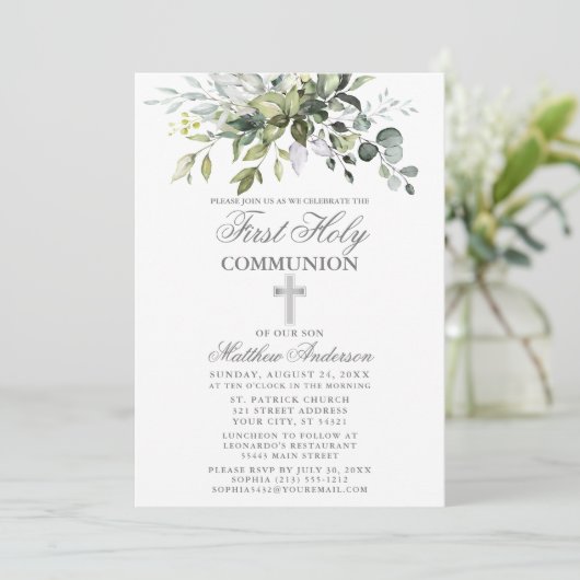 Invitation Verdure botanique Première communion Argent (Debout devant)