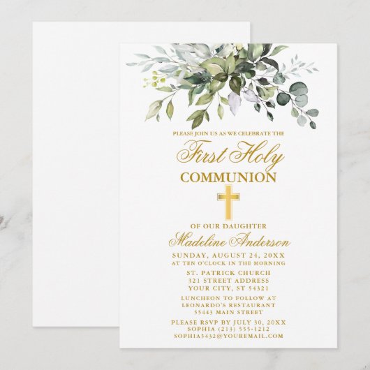 Invitation Verdure botanique Première communion Or (Devant / Derrière)