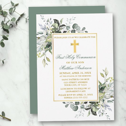 Invitation Verdure botanique Sainte Communion Sage Vert Or