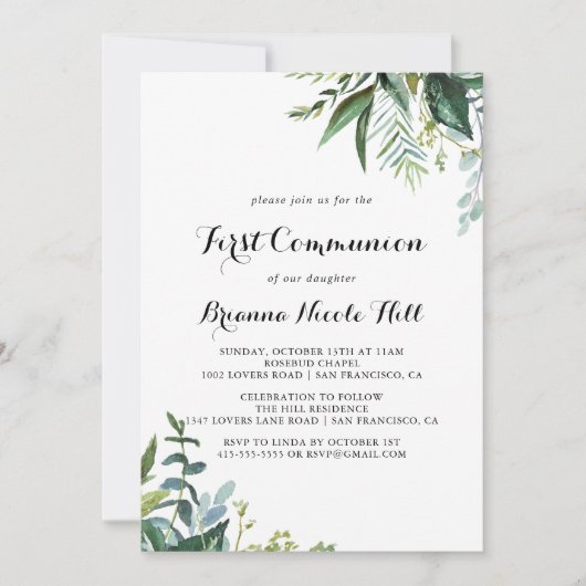 Invitation Verdure Calligraphie moderne Première communion (Devant)