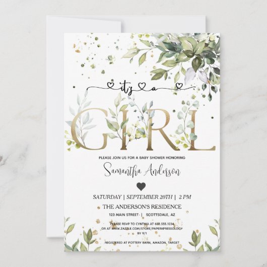 Invitation Verdure C'est une Fille Baby shower Eucalyptus Par (Devant)