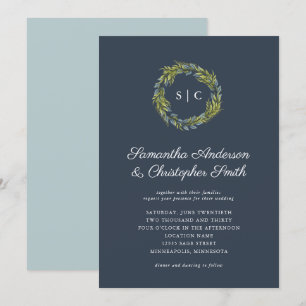 Invitation Verdure couronne Monogramme noir Turquoise bleu Ma