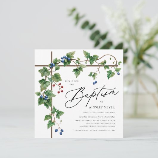 Invitation Verdure Croix Baptême Couverte Baptême (Debout devant)