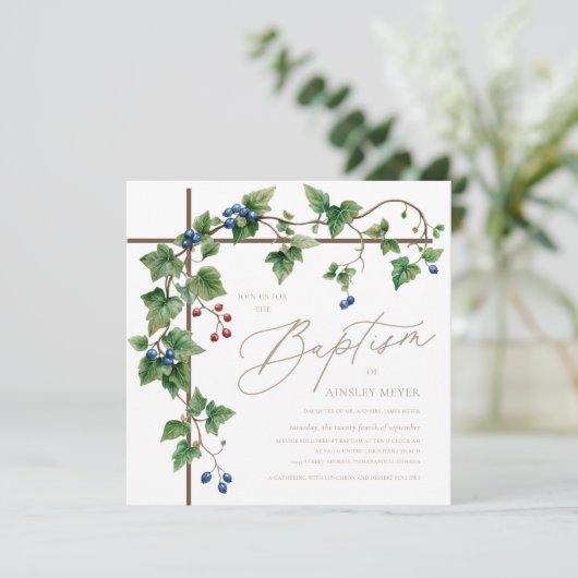 Invitation Verdure Croix d'or recouvert Baptême de script d'o (Debout devant)