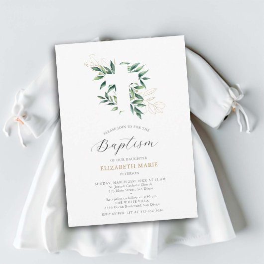Invitation Verdure Croix Gold Foliage Baptême bébé bébé bébé