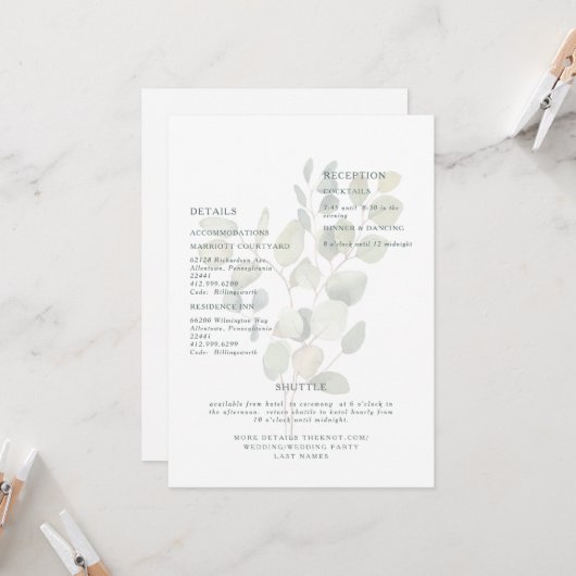 Invitation Verdure d'eucalyptus assourdie Typographie sarcell (Devant/Arrière en situation)