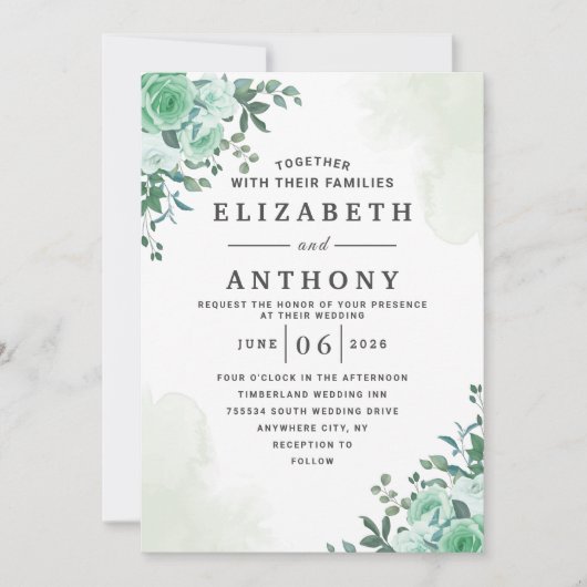 Invitation Verdure Élégant Rose Floral Aquarelle Mariage (Devant)