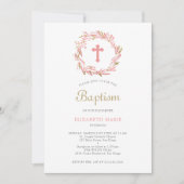 Invitation Verdure et corail de croix or bébé fille Baptême (Devant)