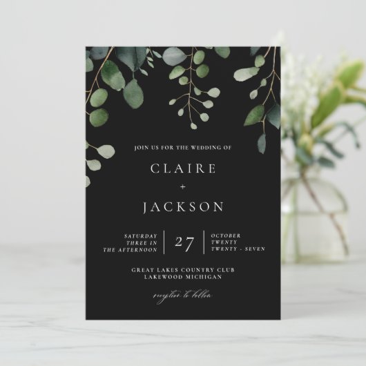 Invitation Verdure et Eucalyptus Moderne Mariage Noir (Debout devant)