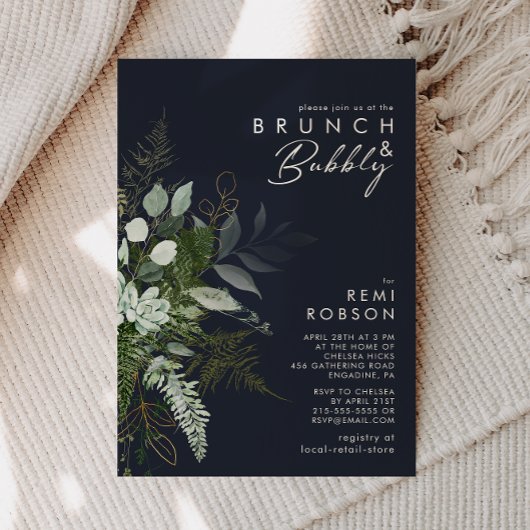 Invitation Verdure et feuille d'or Dark Navy Brunch et Bubbly