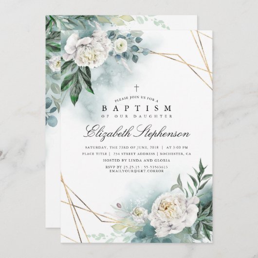 Invitation Verdure et fleurs blanches Élégant Baptême moderne (Devant / Derrière)