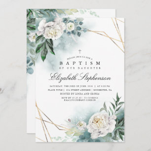 Invitation Verdure et fleurs blanches Élégant Baptême moderne
