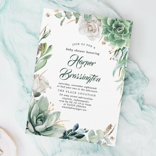 Invitation Verdure et or | Élégant Baby shower d'été