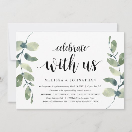 Invitation Verdure Eucalyptus, Encre Noire, Mariage en Elopem (Devant)
