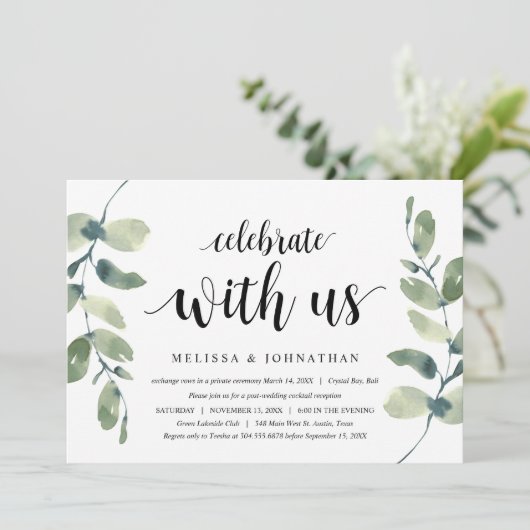 Invitation Verdure Eucalyptus, Encre Noire, Mariage en Elopem (Debout devant)