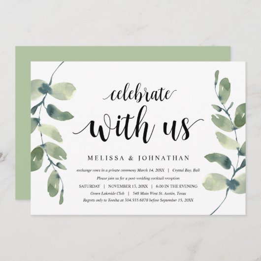 Invitation Verdure Eucalyptus, Encre Noire, Mariage en Elopem (Devant / Derrière)