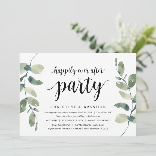 Invitation Verdure Eucalyptus, Encre Noire, Mariage Intime (Debout devant)