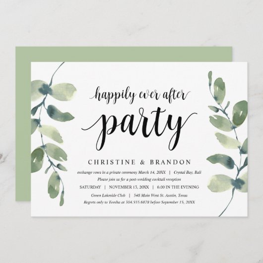 Invitation Verdure Eucalyptus, Encre Noire, Mariage Intime (Devant / Derrière)