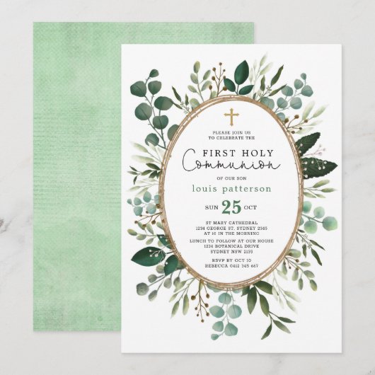Invitation Verdure Eucalyptus Foliage Bouquet Sainte Communio (Devant / Derrière)