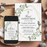Invitation Verdure Eucalyptus Gold Première communion géométr<br><div class="desc">Célébrez avec style la première communion de votre enfant avec cette invitation géométrique verte Eucalyptus Gold. Le design géométrique moderne est complété par le feuillage naturel d'eucalyptus, lui donnant un aspect élégant et intemporel. Cette invitation est parfaite pour les parents qui veulent rendre la première communion de leur enfant extra...</div>