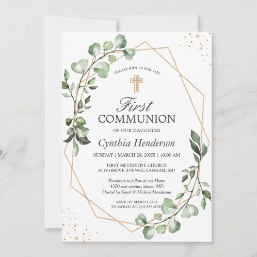 Invitation Verdure Eucalyptus Gold Première communion géométr (Devant)