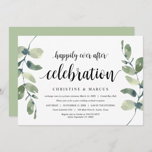 Invitation Verdure Eucalyptus, Noir, Mariage Intime (Devant / Derrière)