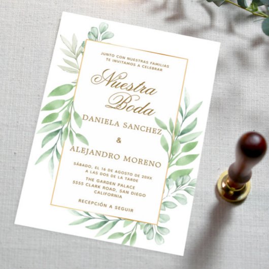 Invitation Verdure Feuille Gold Nuestra Boda Mariage espagnol