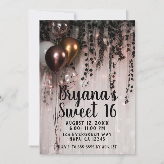 Invitation Verdure Feuille Rose Gold Lights Rustic Sweet 16 (Devant)