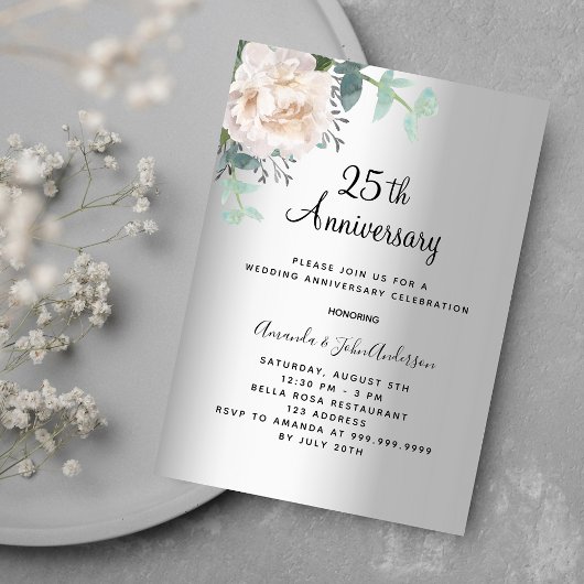 Invitation Verdure fleurie argentée 25e anniversaire mariage