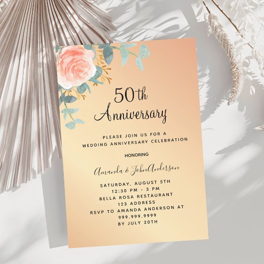 Invitation Verdure fleurie or rose 50e anniversaire mariage