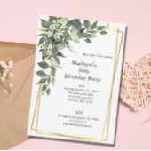 Invitation Verdure Fleurs blanches Or Cadre élégant Anniversa