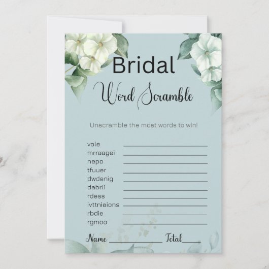Invitation Verdure & Fleurs Bridal Blue Word Scramble Jeu (Devant)