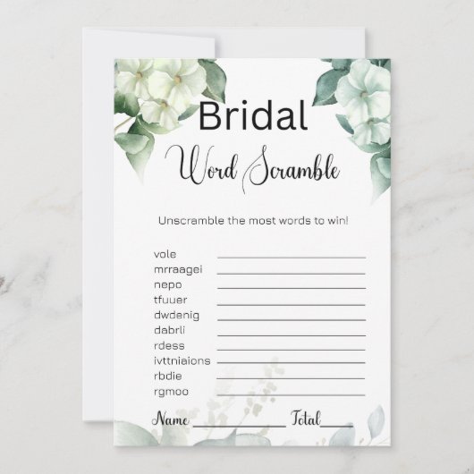 Invitation Verdure & Fleurs Bridal White Word Scramble Jeu (Devant)