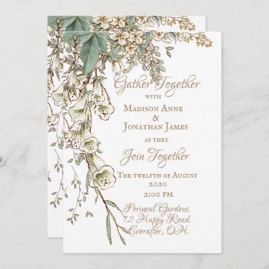 Invitation Verdure Floral Garland Script Mariage élégant (Devant / Derrière)
