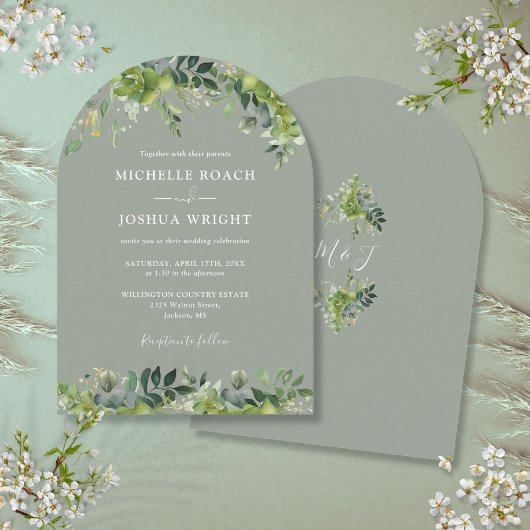 Invitation Verdure Floral Monogramme Sage Vert Mariage