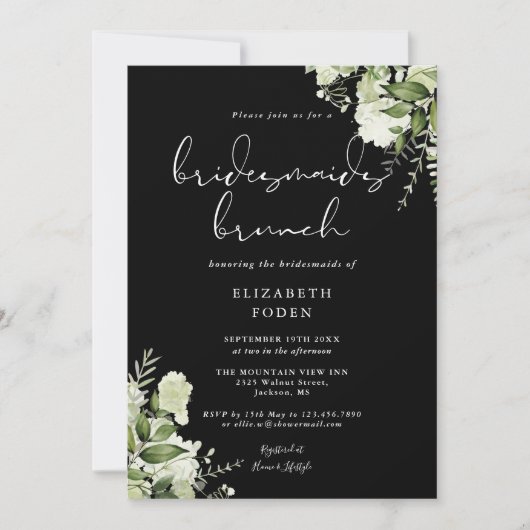 Invitation Verdure Floral Noir Et Blanc Bridesmaids Brunch (Devant)