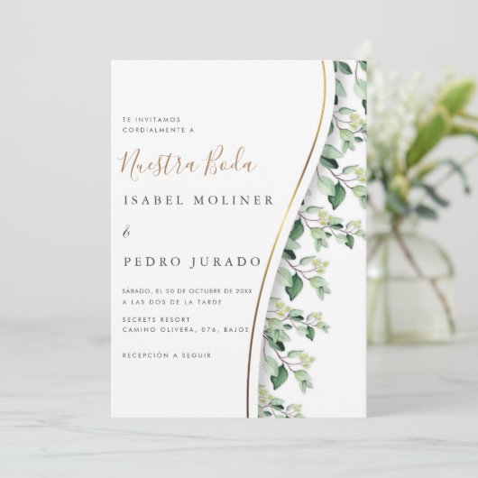 Invitation Verdure Floral Nuestra Boda Mariage espagnol (Debout devant)