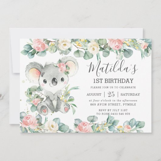 Invitation Verdure florale Eucalyptus Cute Koala Anniversaire (Devant)
