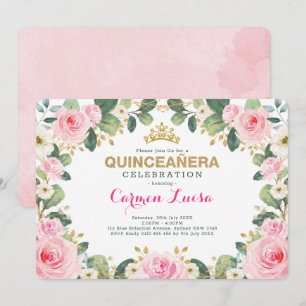 Invitation Verdure florale Quinceanera d'or rose élégant