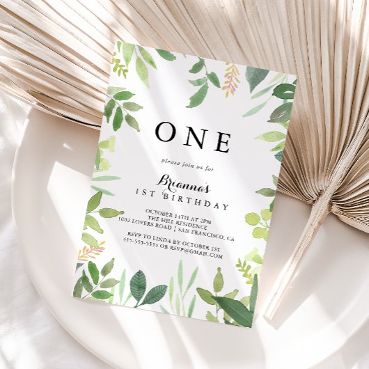 Invitation Verdure Foliage botanique Première fête d'annivers