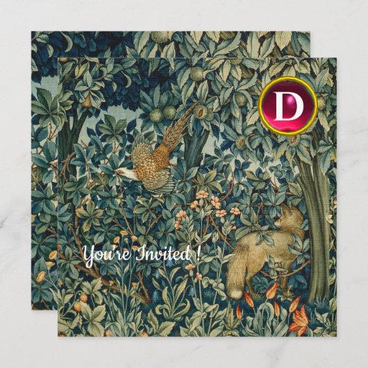 Invitation VERDURE, FOREST ANIMALS Fox, Pheasant, Vert Floral (Devant / Derrière)