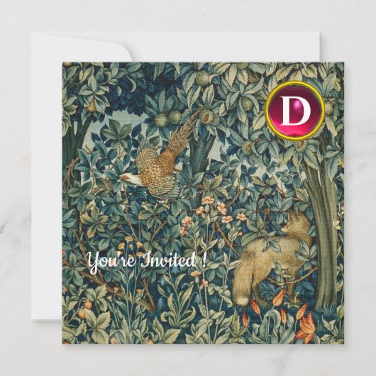 Invitation VERDURE, FOREST ANIMALS Fox, Pheasant, Vert Floral (Devant)