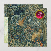 Invitation VERDURE, FOREST ANIMALS Fox, Pheasant, Vert Floral (Devant / Derrière)