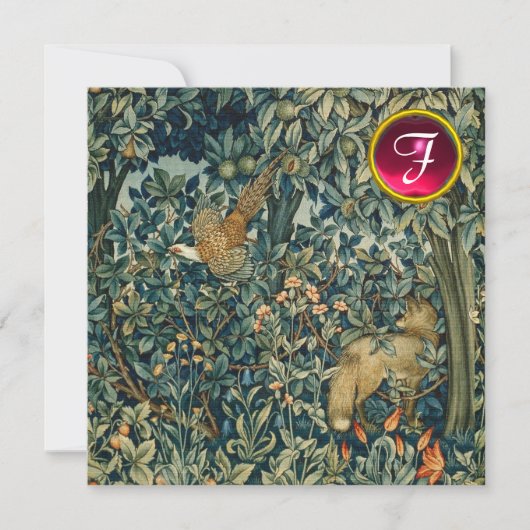 Invitation VERDURE, FOREST ANIMALS Fox, Pheasant, Vert Floral (Devant)