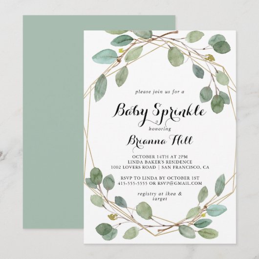 Invitation Verdure géométrique Eucalyptus Baby Sprinky (Devant / Derrière)